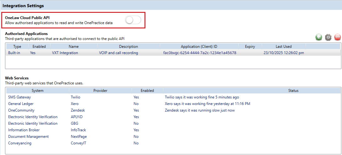 OneLaw Cloud Public API toggle switched off in the Integrations list.