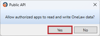 Confirmation dialog asking to allow authorised applications to use the OneLaw Cloud Public API.