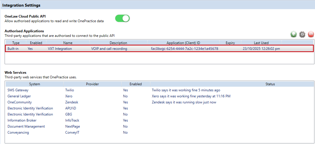 OneLaw Cloud Public API toggle switched on, showing the VXT integration in the Authorised Applications list.