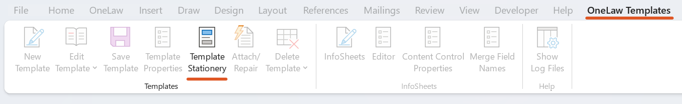 A screenshot of the OneLaw Templates tab in Microsoft Word with the Template Stationery button highlighted. This shows where to select OneLaw Templates > Template Stationery to set the required stationery rules for the base template.