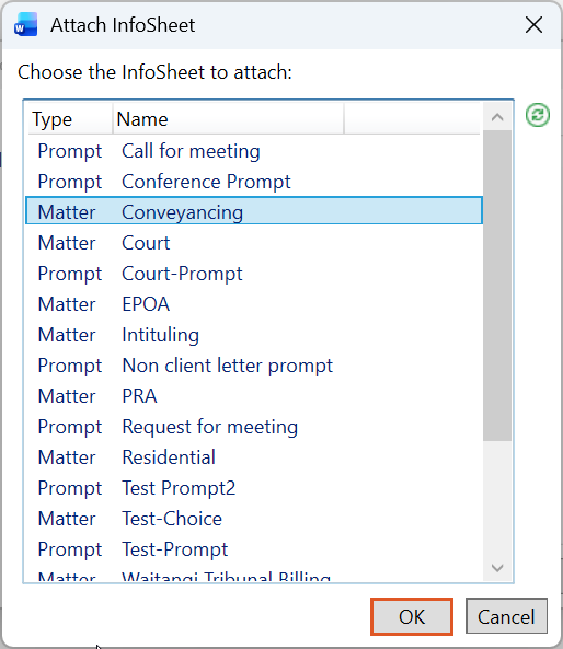 A screenshot of the Attach InfoSheet window showing a list of InfoSheets, with Matter - Conveyancing selected. This shows where to choose an InfoSheet before selecting OK to attach it to the base template.
