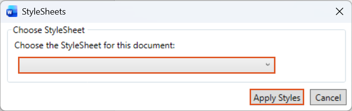 A screenshot of the StyleSheets window showing the dropdown list for selecting a StyleSheet and the Apply Styles button. This shows where to choose and apply a StyleSheet to the base template.
