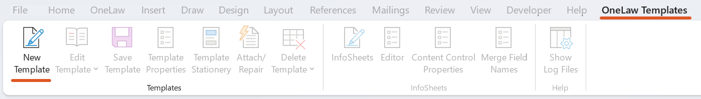 A screenshot of the OneLaw Templates tab in Microsoft Word with the New Template button highlighted. This shows where to select OneLaw Templates > New Template to begin creating a precedent.