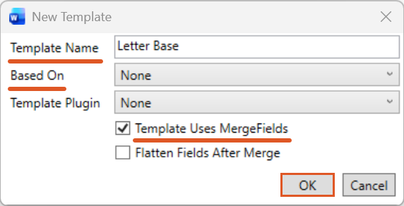 A screenshot of the New Template window showing all fields completed, including a template name, a selected base template, and the Template Uses MergeFields option enabled. This shows an example of the settings chosen before selecting OK to create the precedent.