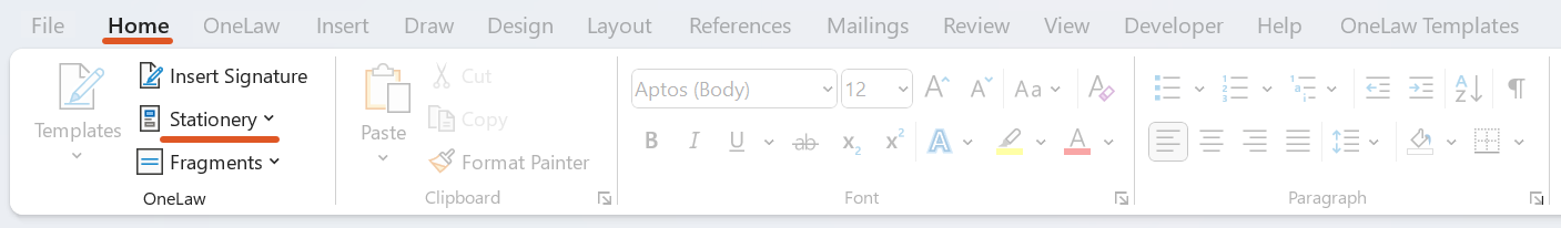 A screenshot of the Home tab in Microsoft Word with the Stationery menu highlighted under the OneLaw section. This shows where to select Home > Stationery to apply a StyleSheet to the precedent.