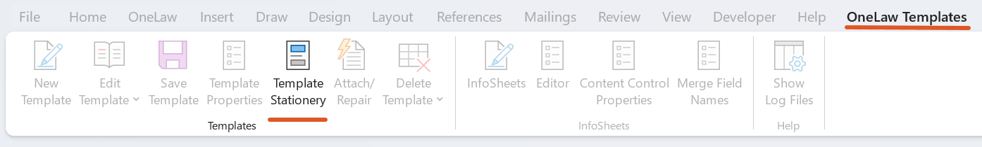 A screenshot of the OneLaw Templates tab in Microsoft Word with the Template Stationery button highlighted. This shows where to select OneLaw Templates > Template Stationery to set the required stationery rules for the precedent.