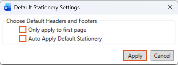 A screenshot of the Default Stationery Settings window showing the options to apply headers and footers, with Apply available to confirm the stationery rules for the precedent.