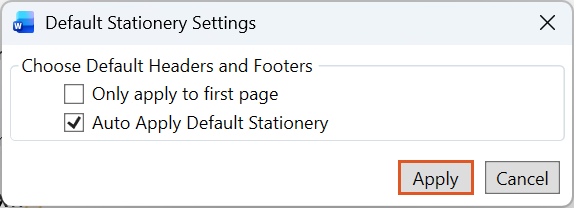 A screenshot of the Default Stationery Settings window showing Auto Apply Default Stationery selected. This shows where to review the stationery options before selecting Apply to confirm the setting.