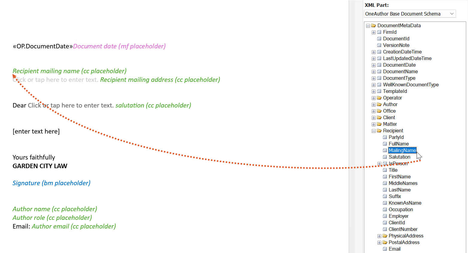 A screenshot showing a field being dragged from the XML Mapping pane into the document. The MailingName field from the Recipient group is being dragged to a placeholder area in the template. This illustrates Method 1: dragging a field into the document to insert a new mapped content control.