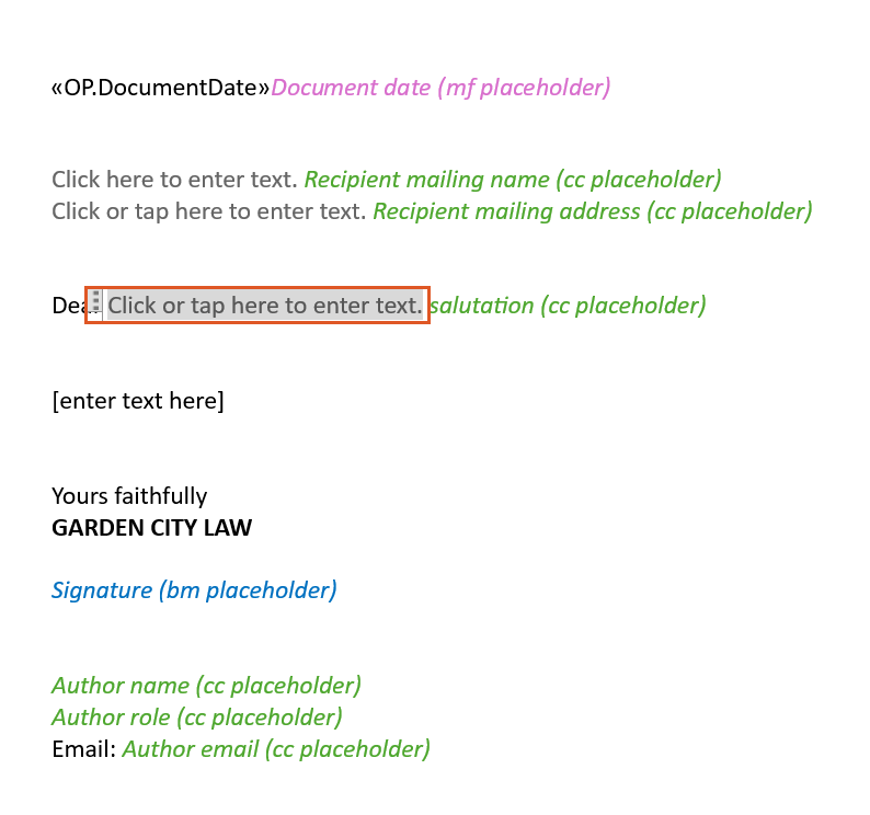 A screenshot showing an existing placeholder content control selected in the document. The highlighted “Click or tap here to enter text” control will be mapped using the Map to Content Control option in Method 2.