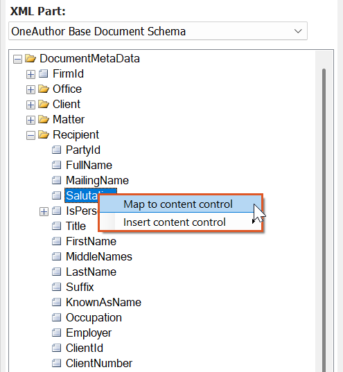 A screenshot of the XML Mapping pane showing a right-click menu on the Salutation field. The option “Map to content control” is highlighted to illustrate selecting this command in Method 2.