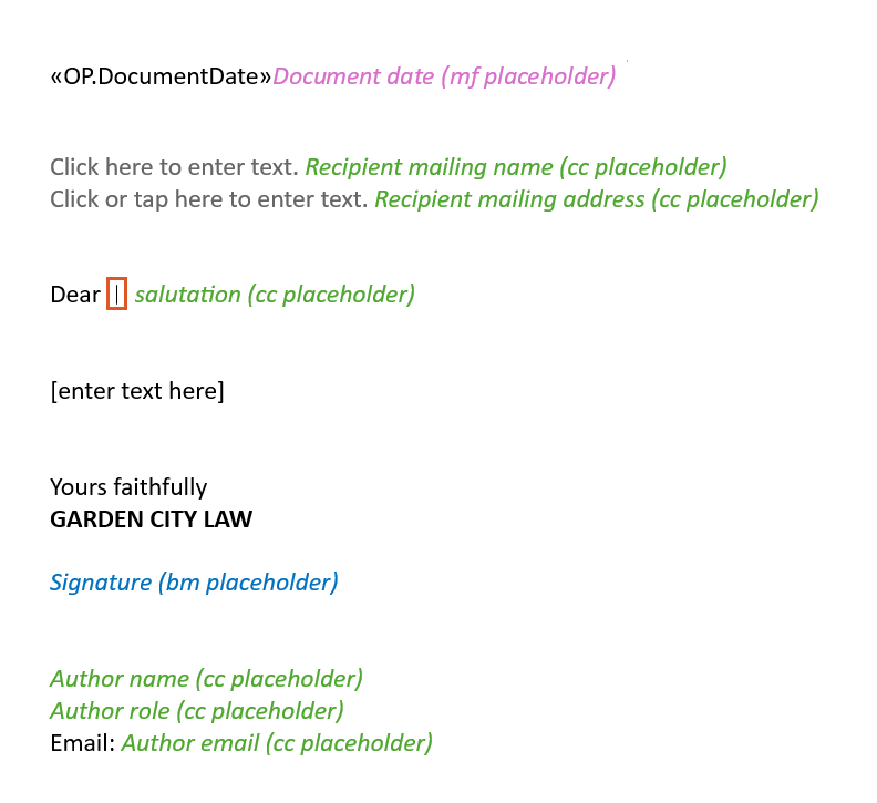 A screenshot showing the cursor positioned in the document where a new content control will be inserted for Method 3. The cursor is placed in front of the salutation placeholder