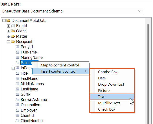 A screenshot of the XML Mapping pane showing a right-click menu on the Salutation field. The Insert content control submenu is open, and the Text option is highlighted to illustrate selecting a content control type in Method 3.