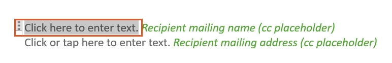 A screenshot showing a mapped content control selected in the document. The highlighted “Click here to enter text” control is ready to be named using the Developer tab.