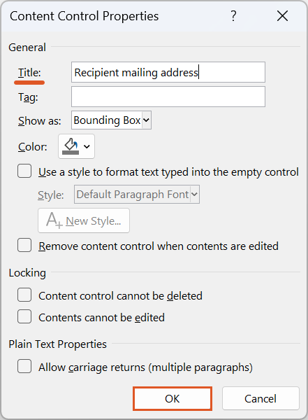 A screenshot of the Content Control Properties window with the Title field completed as “Recipient mailing address.” This illustrates where to name a mapped content control before selecting OK.