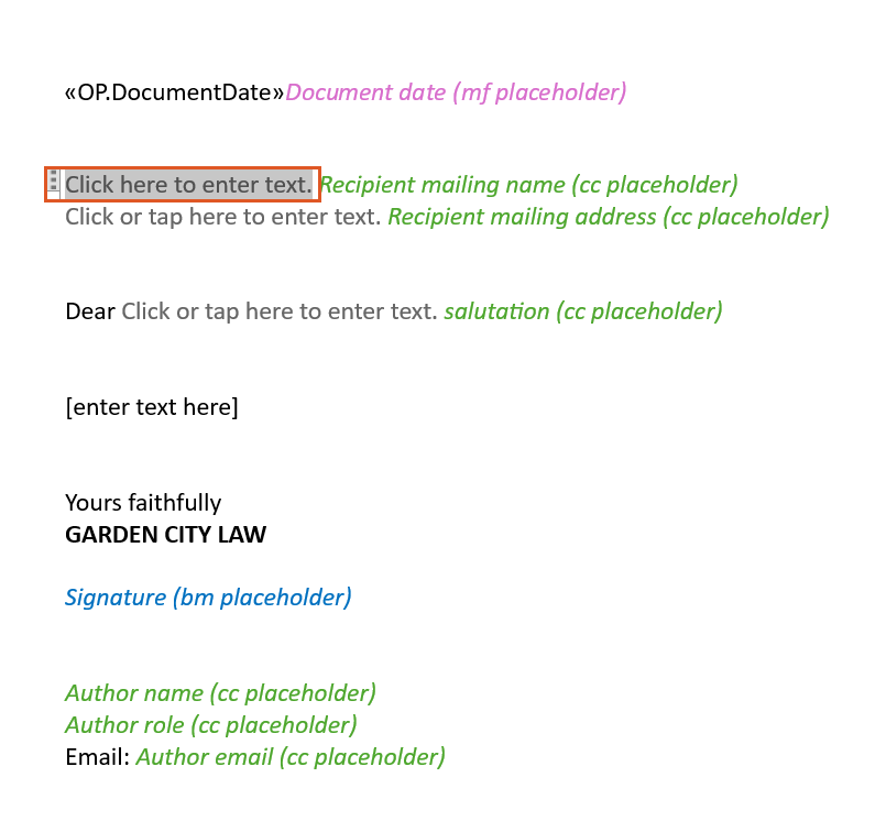 A screenshot showing the newly inserted content control in the document. The placeholder text “Click here to enter text” appears where the field was dragged from the XML Mapping pane, demonstrating the result of inserting a content control.