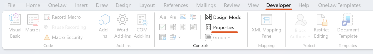 A screenshot of the Developer tab in Microsoft Word with the Properties button highlighted. This shows where to select Developer > Properties to name a mapped content control.