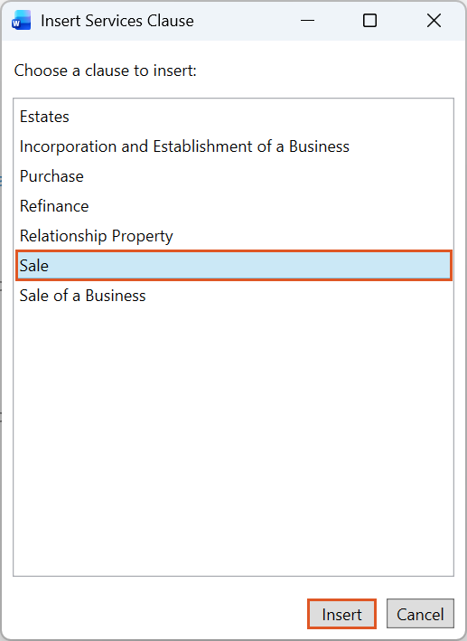 Insert Service Clauses window_selection made and insert.png