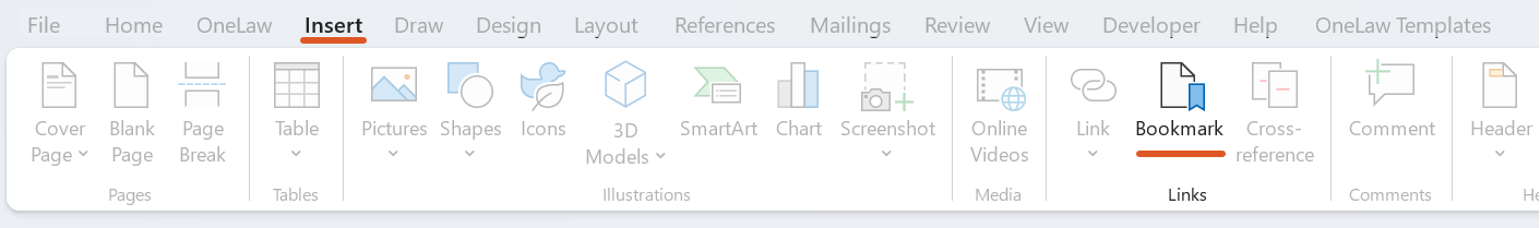 A screenshot of the Insert tab in Microsoft Word with the Bookmark command highlighted. This shows where to select Insert > Bookmark when adding the signature image bookmark.