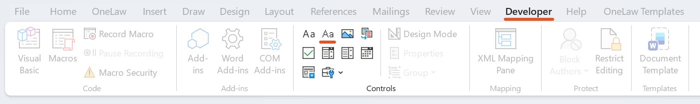 A screenshot of the Developer tab in Microsoft Word with the Plain Text content control highlighted. This shows where to select Developer > Plain Text Content Control when inserting a Signatory detail field.
