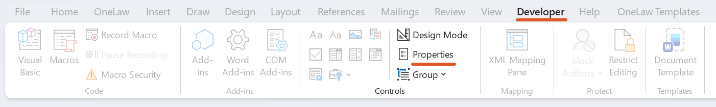 A screenshot of the Developer tab in Microsoft Word with the Properties button highlighted in the Controls group. This shows where to select Developer > Properties when configuring a Signatory detail content control