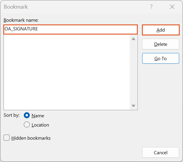 A screenshot of the Bookmark dialog in Microsoft Word with OA_SIGNATURE entered in the Bookmark name field and the Add button highlighted. This shows where to name the bookmark and select Add to insert the signature image placeholder.