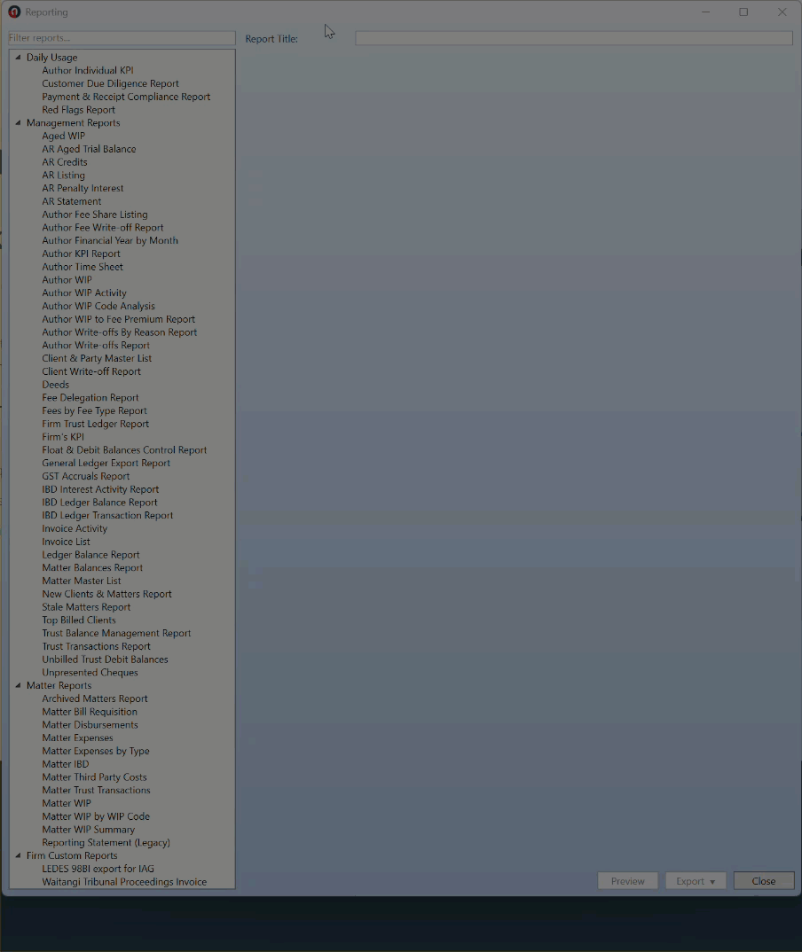 GIF showing how to select and configure the AR Penalty Interest report from the Report List window.