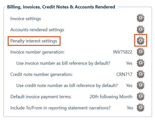 Practice Settings screen displaying the Billing, Invoices, Credit Notes & Accounts Rendered section, with the Penalty interest settings option indicated by a cog icon on the right-hand side.