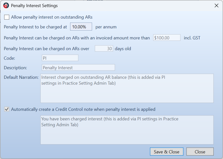Penalty Interest Settings window showing the option to allow penalty interest on outstanding ARs, the interest rate charged per annum, minimum AR amount and age thresholds, transaction code and description fields, default narration, and the option to automatically create a credit control note.