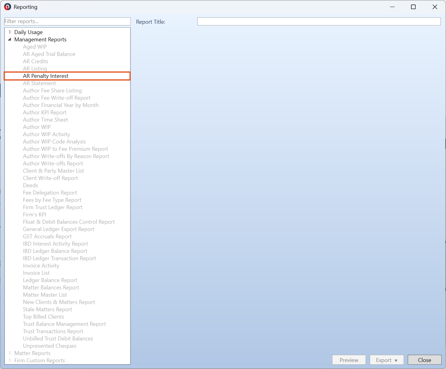 Reporting window showing the list of available management reports on the left, with AR Penalty Interest highlighted to indicate the selected report.