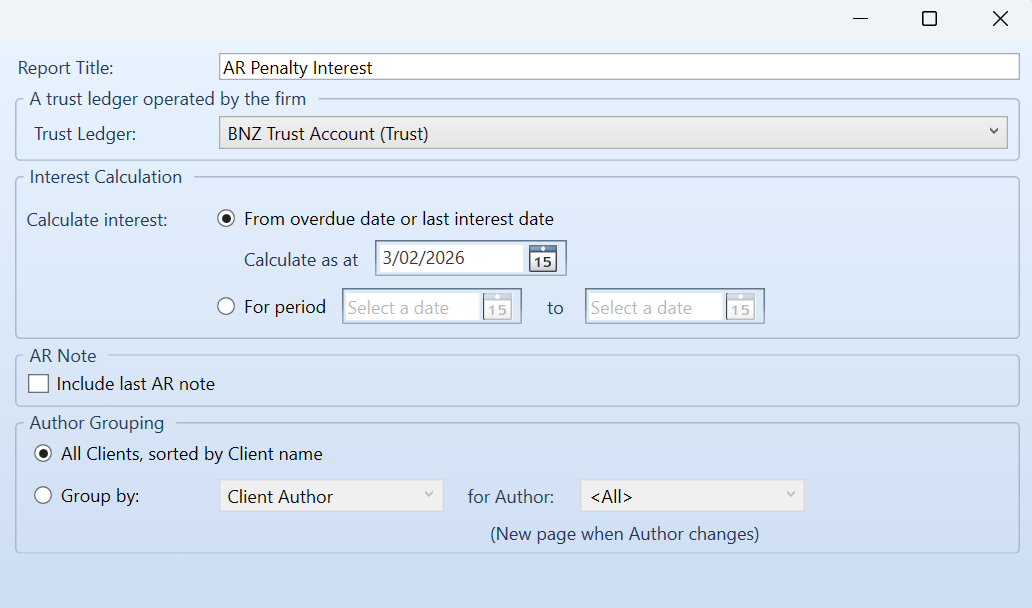 AR Penalty Interest report options showing Interest Calculation settings, AR Note checkbox, and Author grouping options available before running the report.