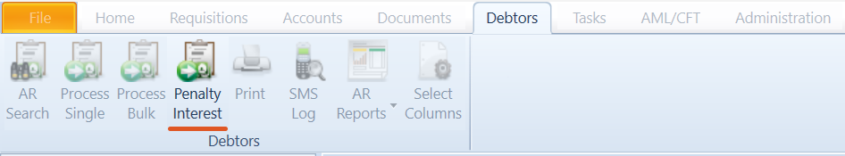 OneLaw Debtors tab showing the Debtors toolbar. The Penalty Interest button is highlighted, alongside options such as AR Search, Process Single, Process Bulk, Print, SMS Log, AR Reports, and Select Columns. This button is used to start bulk Penalty Interest processing for selected Accounts Rendered.