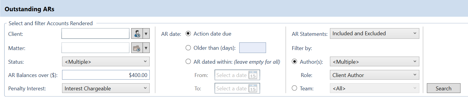 Outstanding ARs screen showing the AR Search filter panel. Filters include Client and Matter search fields, AR date options (Action date due, Older than days, or date range), AR Statements inclusion, Author and Team filters, AR balance threshold, Status, and a Penalty Interest dropdown set to “Interest Chargeable”. A Search button appears on the right, used to return eligible Accounts Rendered for bulk processing