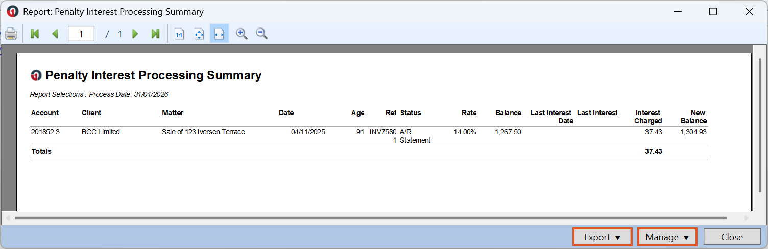 Penalty Interest Processing Summary report window showing a summary of Accounts Rendered that had Penalty Interest applied. The report lists account, client, matter, AR date, rate, interest charged, and new balance totals. Buttons at the bottom allow the report to be Exported or Managed into OneLaw, or the window to be closed.