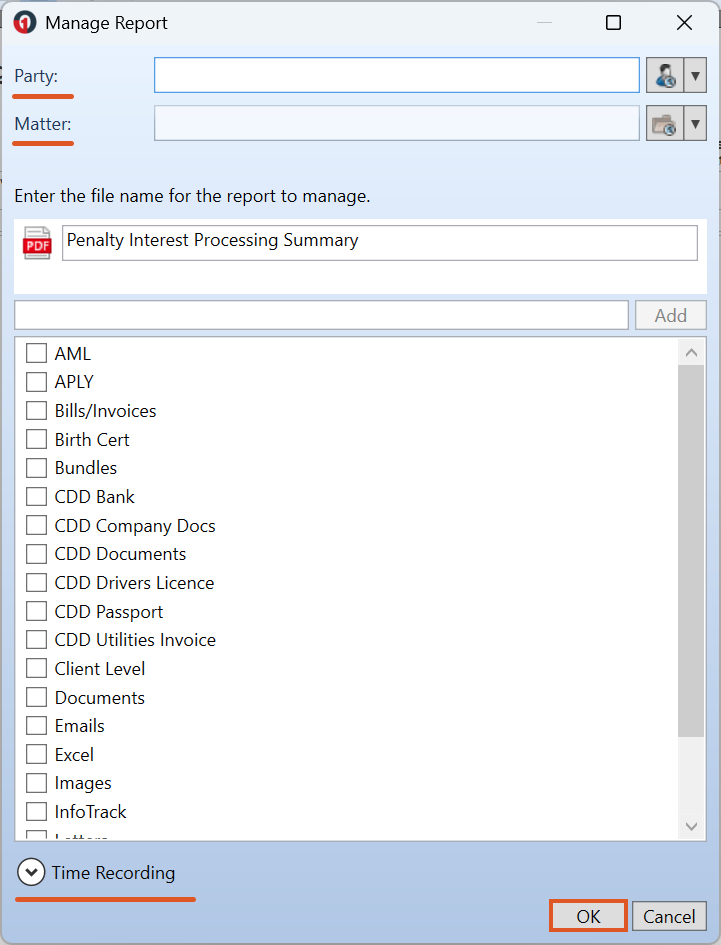 Manage Report window used to manage the Penalty Interest Processing Summary into OneLaw. The window includes fields to select a Party and optional Matter, enter or confirm the report file name, choose document categories, and optionally record time spent. OK and Cancel buttons are shown to complete or cancel managing the report.