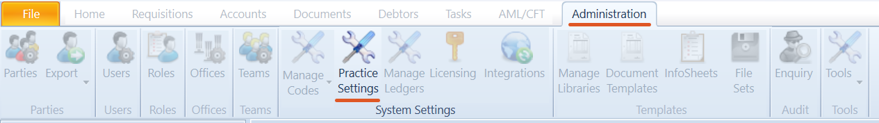 Administration tab ribbon showing Practice Settings highlighted.