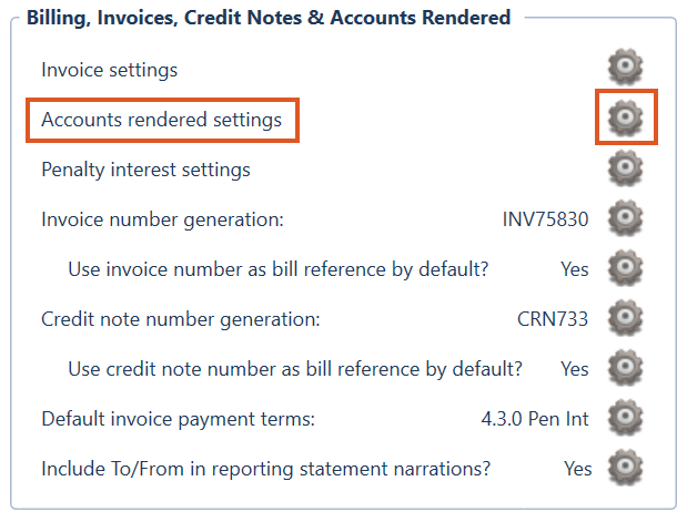 Practice Settings page for Billing, Invoices, Credit Notes & Accounts Rendered, with Accounts rendered settings and its settings cog highlighted.