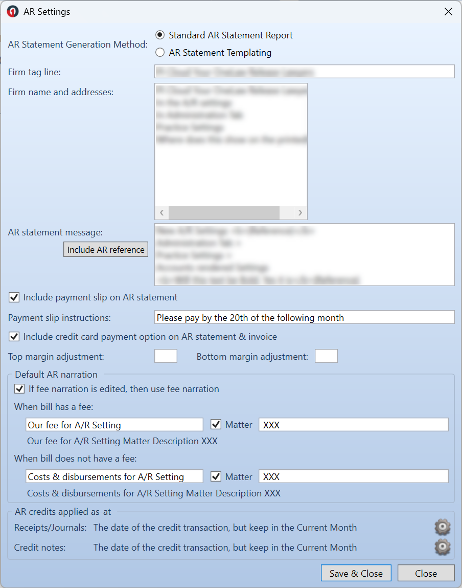 AR Settings window with Standard AR Statement Report selected, showing firm details, AR statement message, payment slip options, credit card option, and margin adjustment fields.