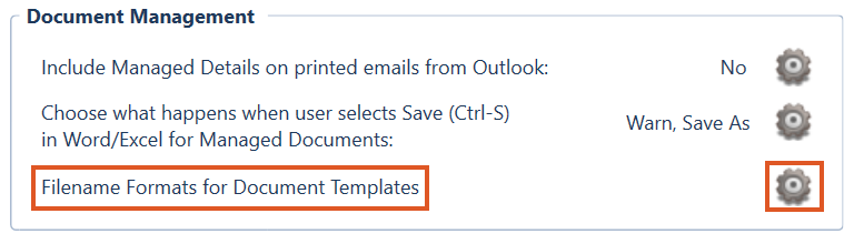 Practice Settings Document Management section with Filename Formats for Document Templates and its settings cog icon highlighted