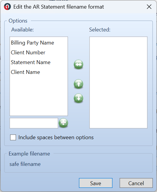 Edit the AR Statement filename format window showing available filename elements, selected list area, ordering arrows, an Include spaces between options checkbox, and an example filename preview.