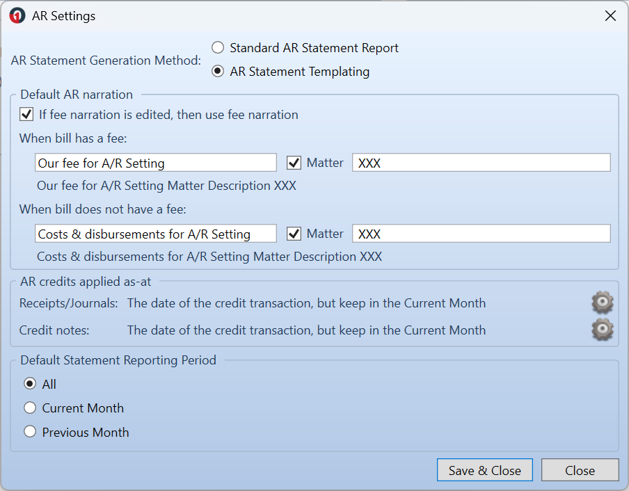 AR Settings window with AR Statement Templating selected, showing default narration settings and Default Statement Reporting Period options.
