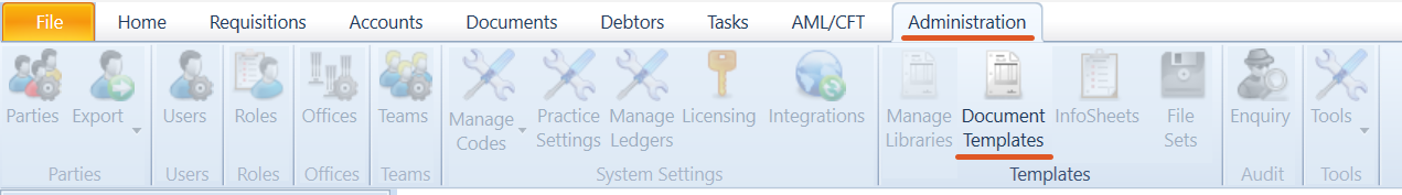 OneLaw Administration tab showing the Templates section, with Document Templates selected on the navigation ribbon.
