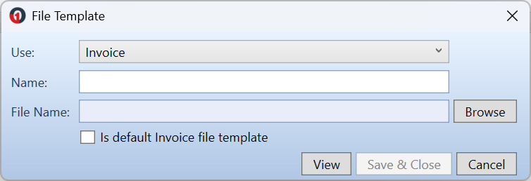 File Template window in OneLaw showing fields for Use, Name, File Name with Browse button, a checkbox to set the template as the default, and buttons for View, Save & Close, and Cancel.