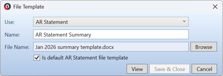 File Template window showing an existing AR Statement template with the Use set to AR Statement, the Name populated, a selected file name, and the default AR Statement file template option selected.