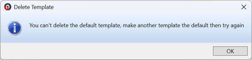Delete Template message indicating that the default template cannot be deleted and another template must be set as default first.