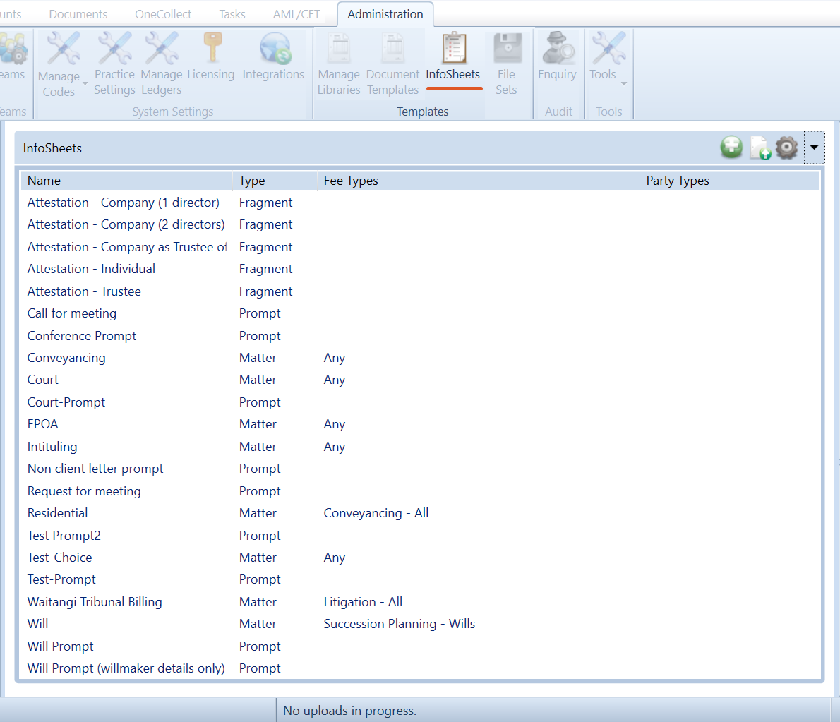 List of existing InfoSheets in OneLaw showing InfoSheet name, type, fee types, and party types.