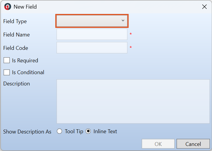 New Field window showing no field type selected, with empty field name and field code fields, required and conditional options available, and description display options shown.