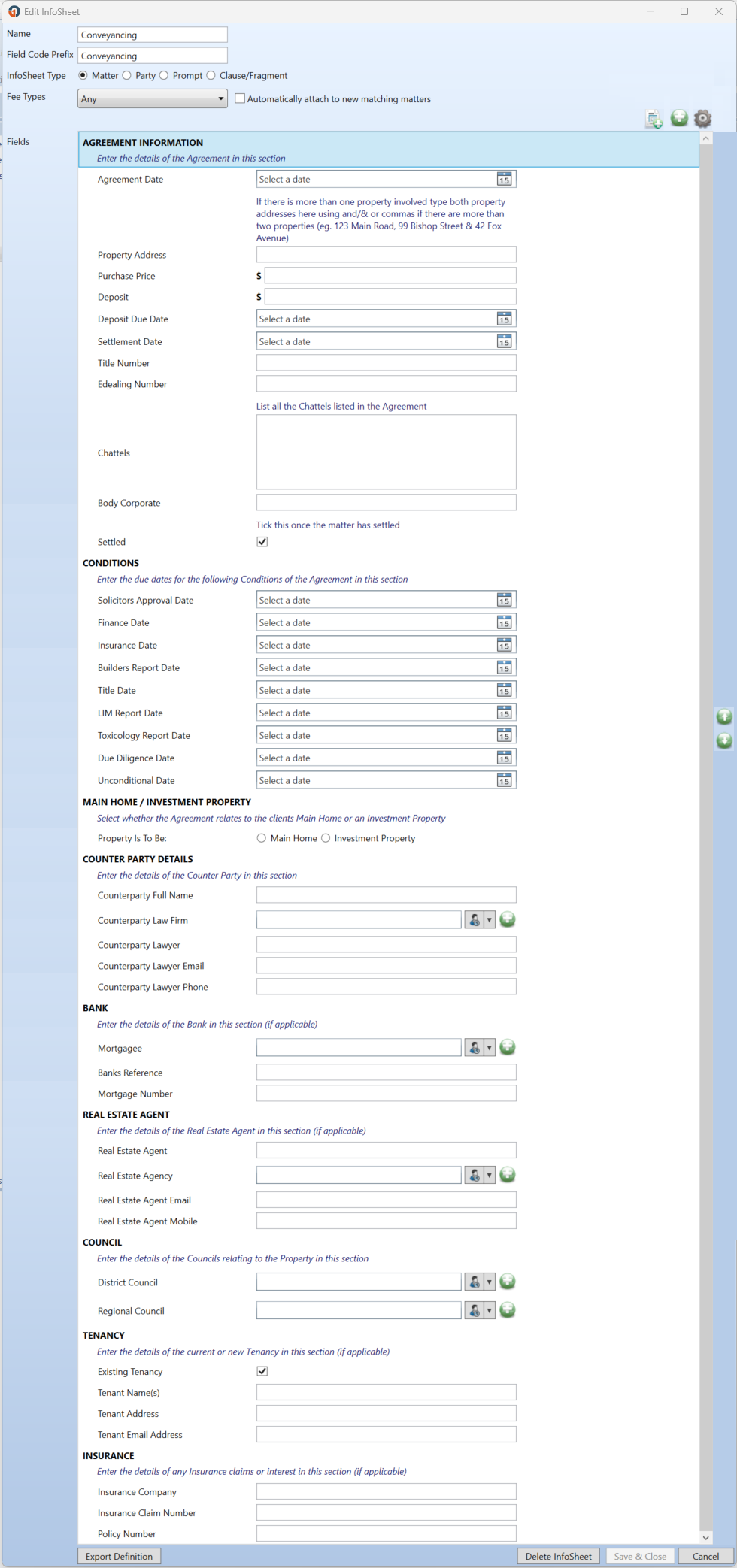 Example of a completed Conveyancing InfoSheet showing multiple sections with headings, date fields, text fields, choice fields, and checkboxes.