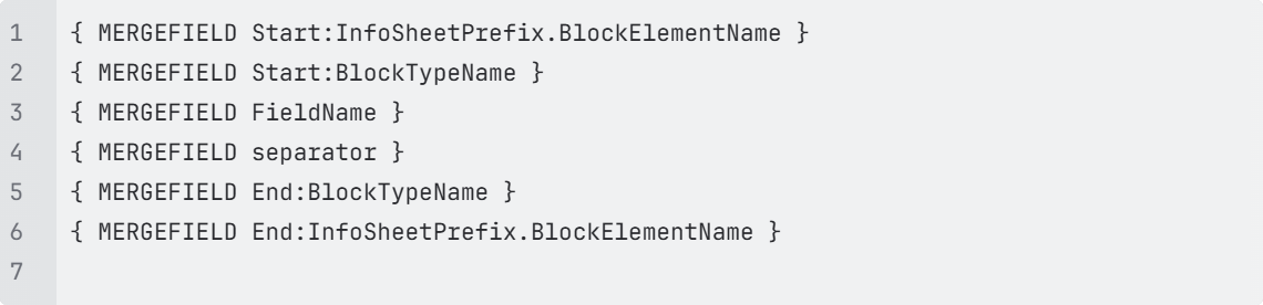 Mail Merge block syntax showing Start:InfoSheetPrefix.BlockElementName, Start:BlockTypeName, FieldName, separator, End:BlockTypeName, and End:InfoSheetPrefix.BlockElementName.