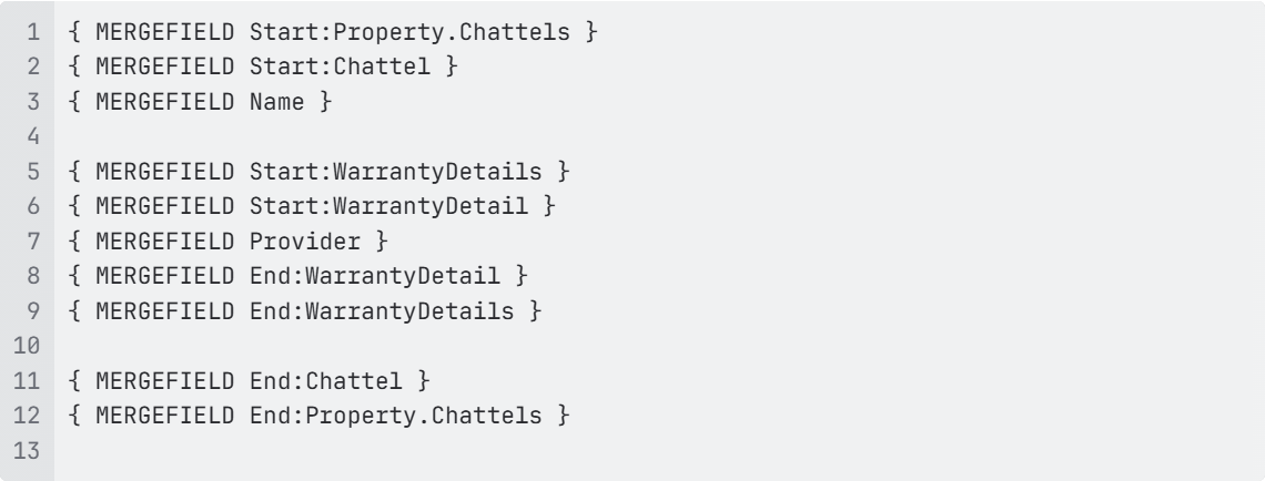 Mail Merge example showing nested blocks: Property.Chattels containing Chattel, with nested WarrantyDetails and WarrantyDetail blocks and a Provider field inside the nested block